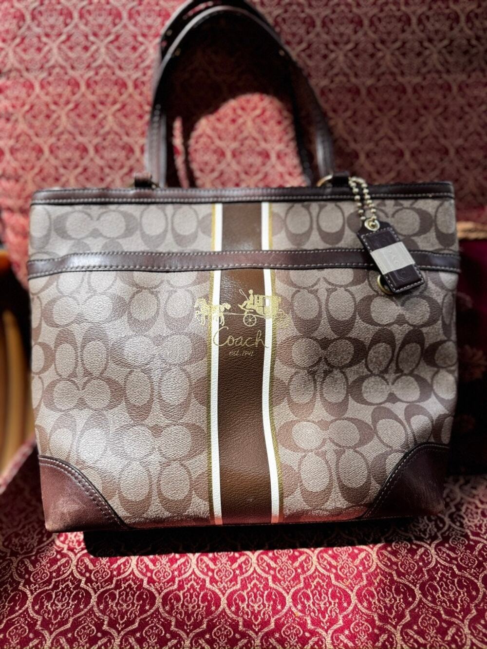 Coach Signature Heritage Stripe Tote w/Tattersall Lining E0873-12358